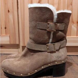 UGG Brown Heeled Boots with Buckle Accents